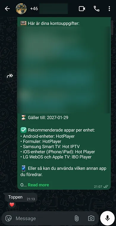 Nordic IPTV kundrecension via WhatsApp